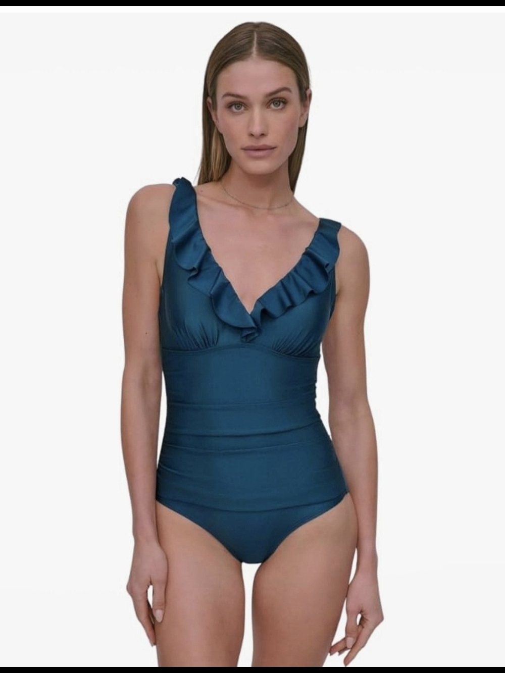 DKNY Women's Ruffle V-Neck One Piece Swimsuit with Tummy Control #1269